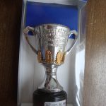 A small silver trophy in a display box labeled โSep-2005 AFL Trophyโ with gold accents, sitting on a wooden surface.