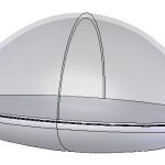 A 3D-rendered image of a transparent hemisphere positioned on top of a solid, flat, elliptical base.